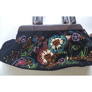 Vintage Style Satchel Purse Wood Handle Black & Multi Colored Beaded Hand Sewn
